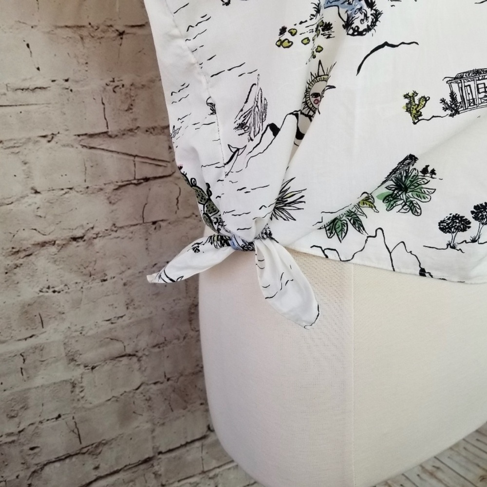 Zara Roadtrip Vacay Drawn Desert Print Side Tie Short Sleeve Top - Picture 3 of 5